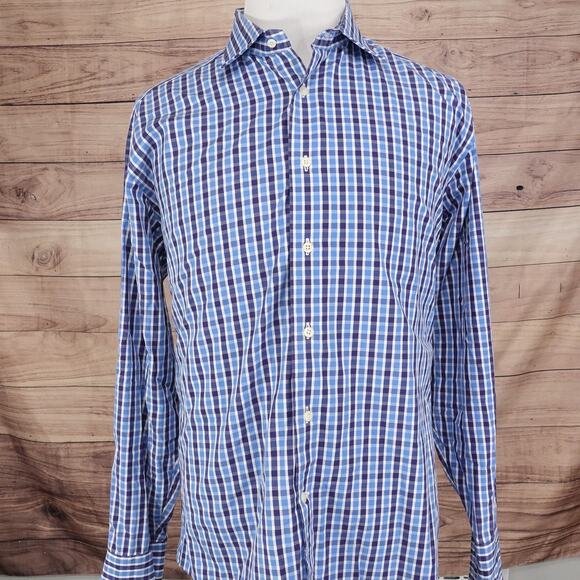 DAVID DONAHUE BLUE CHECK BUTTON UP DRESS SHIRT MENS 17.5 34/35 FRENCH CUFF - Picture 3 of 8